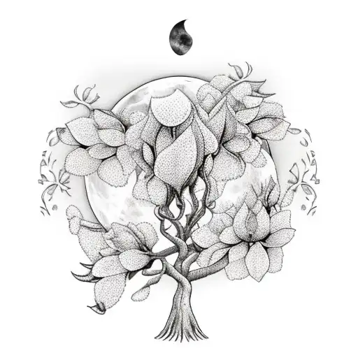 field of moonflowers with a magnolia tree and moon on horizon tattoo design idea
