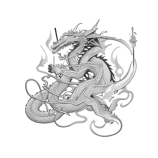 A dragon wrapped around a sword with roses entwined in its tail tattoo design idea