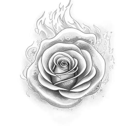 A dotwork tattoo of a flaming rose, symbolizing the client's passion and transformation tattoo design idea