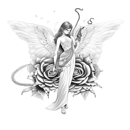 An angel holding a snake with butterfly wings, surrounded by roses tattoo design idea