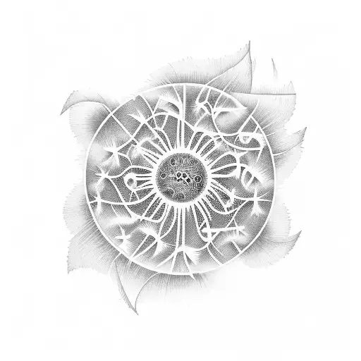 A new-school design of a blue dandelion floating in the ocean, with musical waves crashing around it tattoo design idea