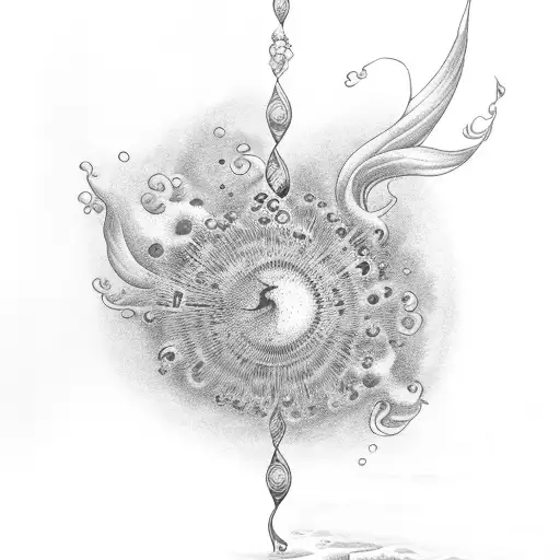 A new-school design of a blue dandelion floating in the ocean, with musical waves crashing around it tattoo design idea