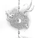 A new-school design of a blue dandelion floating in the ocean, with musical waves crashing around it tattoo design idea