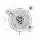 A new-school design of a blue dandelion floating in the ocean, with musical waves crashing around it tattoo design idea