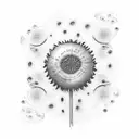 A new-school design of a blue dandelion floating in the ocean, with musical waves crashing around it tattoo design idea