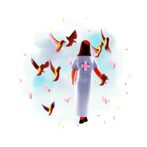 A nurse surrounded by a flock of birds, symbolizing care and healing tattoo design idea