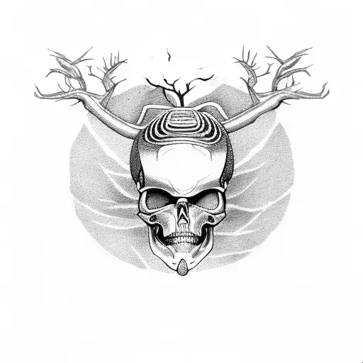 alien skull witha tree growing on the top tattoo design idea