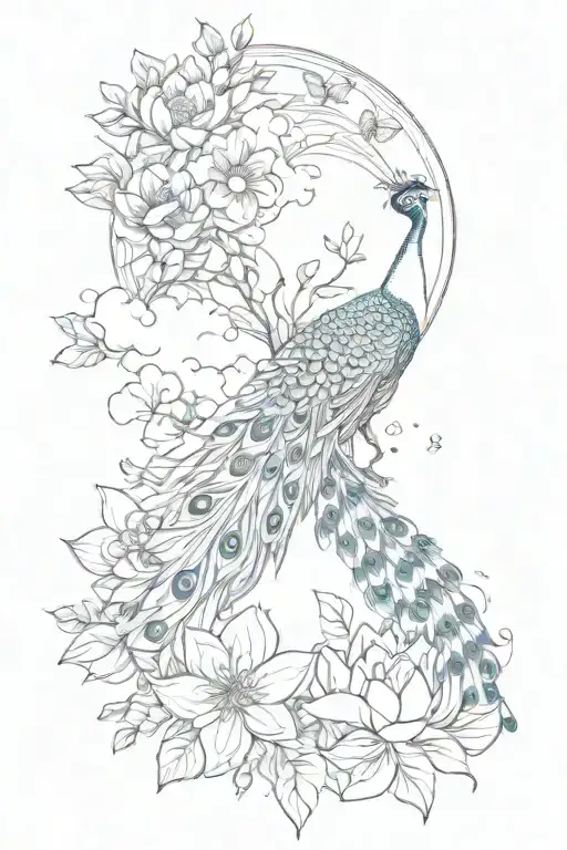 peacock , lotus, butterflies, cloud background tattoo design idea