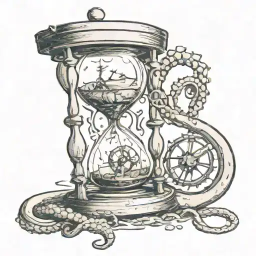 A broken hourglass  with a burning compass held by an octopus  tattoo design idea