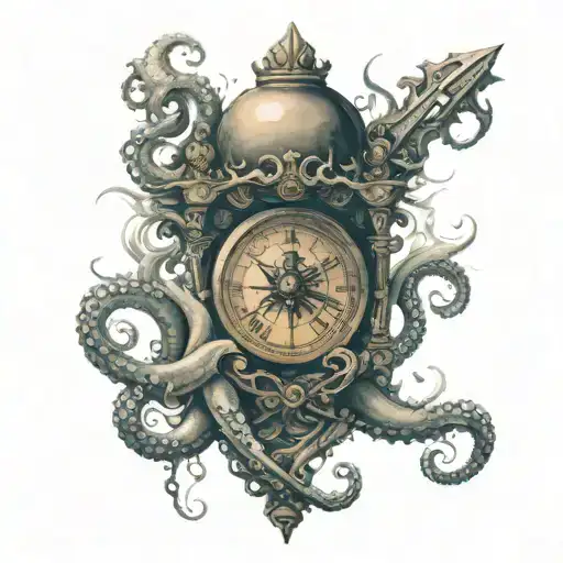 A broken hourglass Heart with a burning compass held by an octopus  tattoo design idea