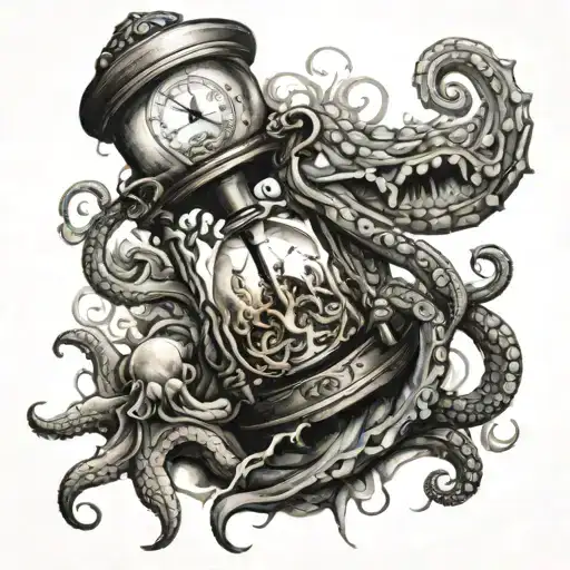 A broken hourglass  with a burning compass held by an octopus  tattoo design idea