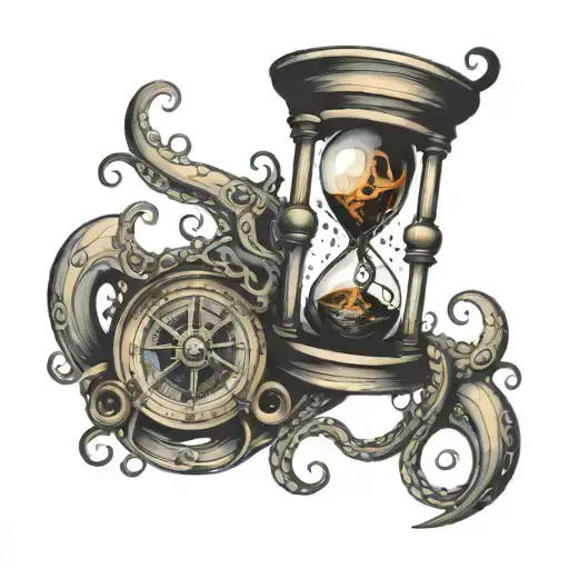 A broken hourglass with a burning compass held by an octopus  tattoo design idea