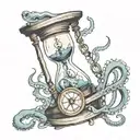 A broken hourglass  with a burning compass held by an octopus  tattoo design idea