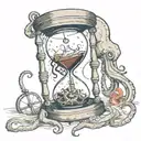 A broken hourglass  with a burning compass held by an octopus  tattoo design idea