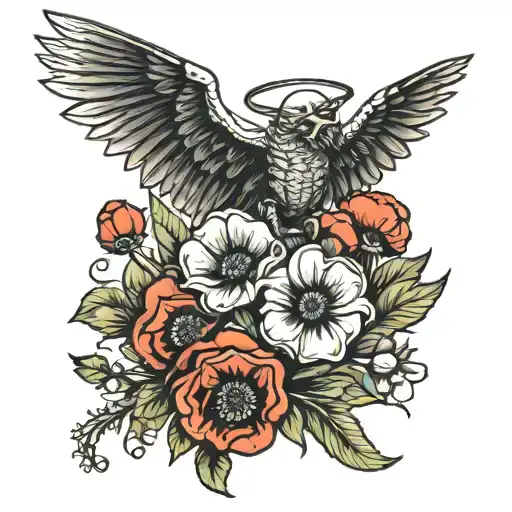 PARACHUTE BATALION WINGS AND CHUTE WITH POPPY FLOWERS tattoo design idea