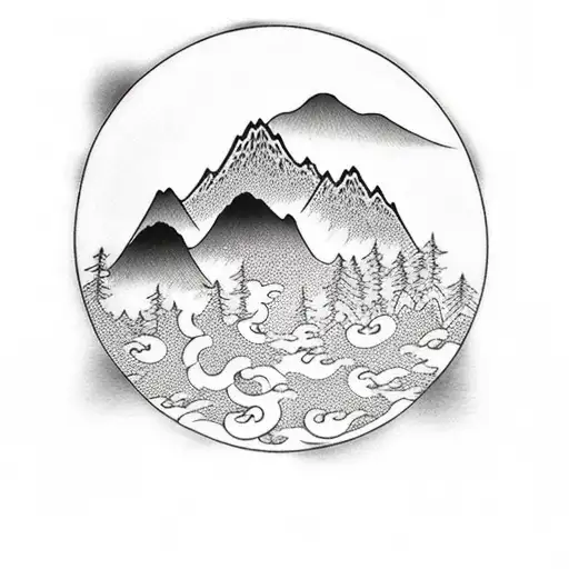 A silhouette of a dog howling at the moon with mountains in the background tattoo design idea