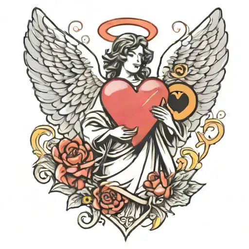a stylized angel with open wings holding a heart in his left hand and a stylized letter "A" in his left hand tattoo design idea