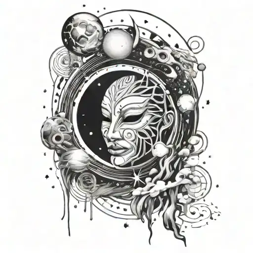 Incorporate a human mask into a cosmic scene symbolizing the connection with the universe tattoo design idea