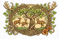A Celtic knotwork tree with a stag and mushrooms intertwined in the design tattoo design idea