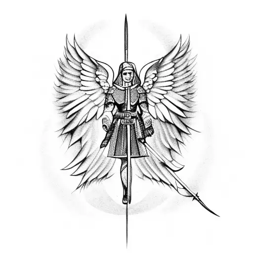 Angel in armour and cloak holding spear with wings made of light tattoo design idea
