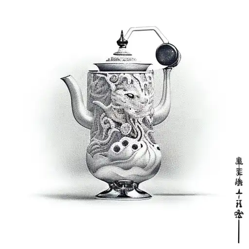 A surreal tattoo of a tea pot transforming into a majestic creature, symbolizing the union of traditional tea ceremony and the mystical power of nature. tattoo design idea