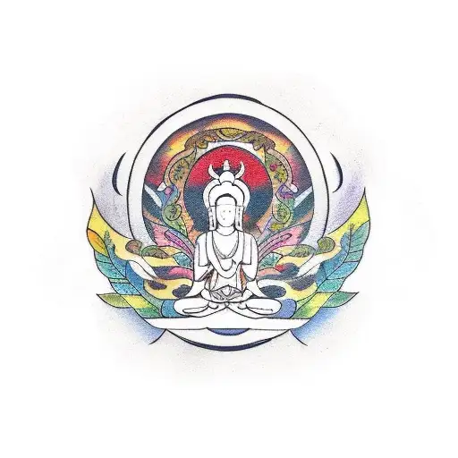 A traditional-style tattoo featuring a serene meditation scene in the heart of South America, incorporating elements of nature, music, and self-awareness. tattoo design idea