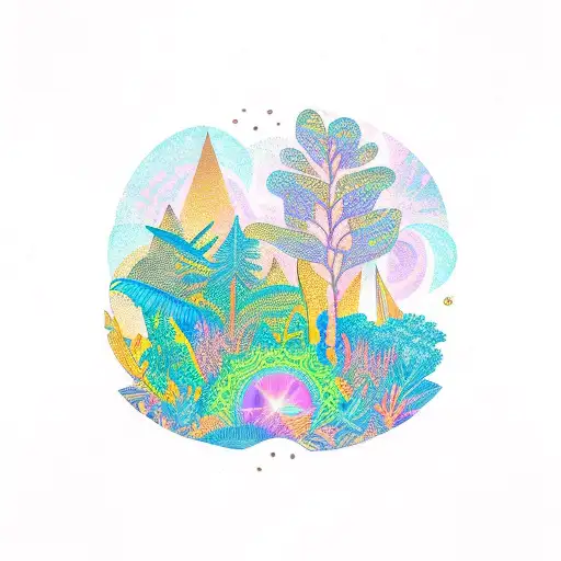 A psychedelic-inspired hiking scene with a mystical Leo constellation shining above, surrounded by lush Amazonian flora and fauna. tattoo design idea