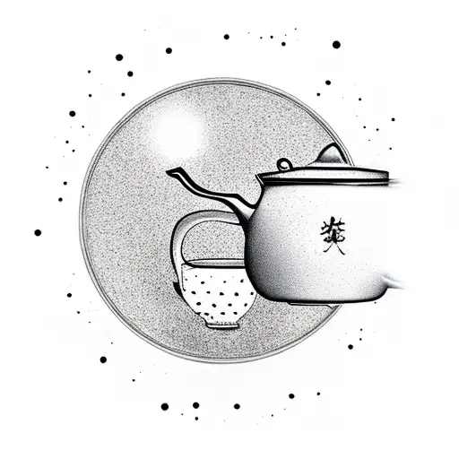 A hand holding a teapot, pouring tea that transforms into a galaxy, symbolizing the connection between tea and self-awareness tattoo design idea