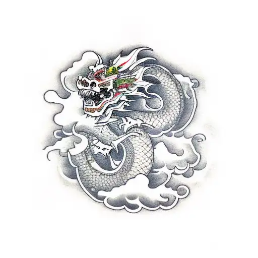 japanese dragon in clouds with sugarskull tattoo design idea