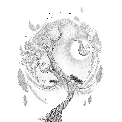 love, pocahontas and john smith, great tree, waterfall, happiness tattoo design idea