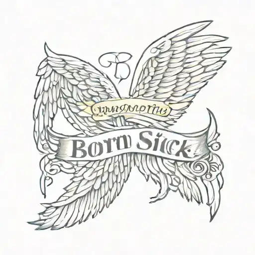 simple angel wings with words "born sick" tattoo design idea