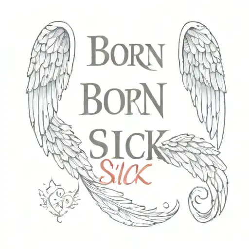 angel wings with words "born sick" tattoo design idea