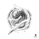 bastard sword set on fire with ouroboros wrapped around it tattoo design idea