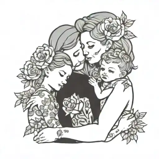 mom with 1 year old boy and girl twins and 4 year old daughter, floral designs, hugging, love tattoo design idea