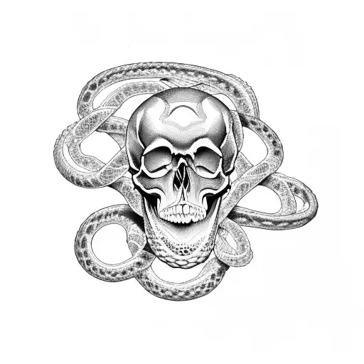 a skull with two snakes weaving around it. the birth flowers for November, may, and two for April coming out of the skul tattoo design idea