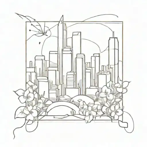 A minimalist tattoo sketch of a blossoming city in a square, with everything else outside the square depicted as destroyed tattoo design idea