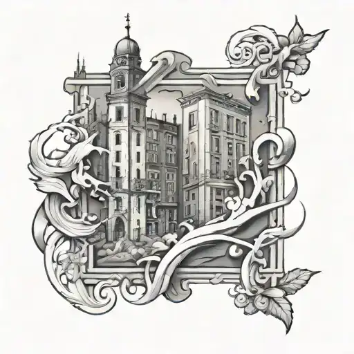 tattoo sketch of two squares, in one there is a flourishing city and in the other square everything is destroyed tattoo design idea