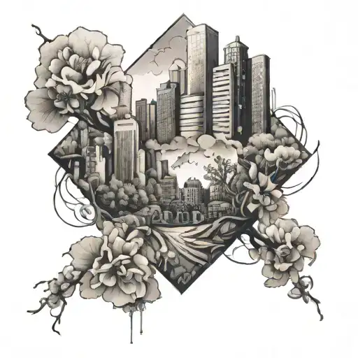 A minimalist tattoo sketch of a blossoming city in a square, with everything else outside the square depicted as destroyed tattoo design idea