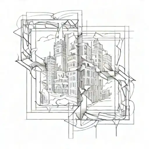 tattoo sketch of two squares, in one there is a flourishing city and in the other square everything is destroyed tattoo design idea