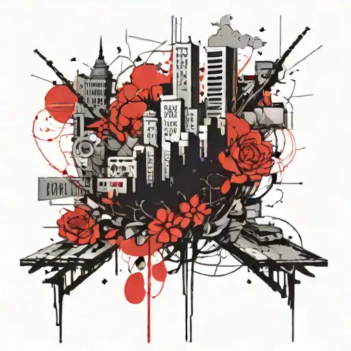 A minimalist tattoo sketch of a blossoming city in a square, with everything else outside the square depicted as destroyed tattoo design idea