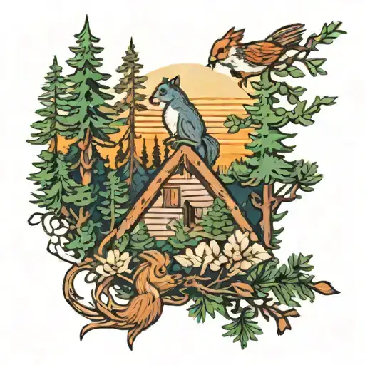 evergreen trees sunset hiking music birds squirrels tattoo design idea