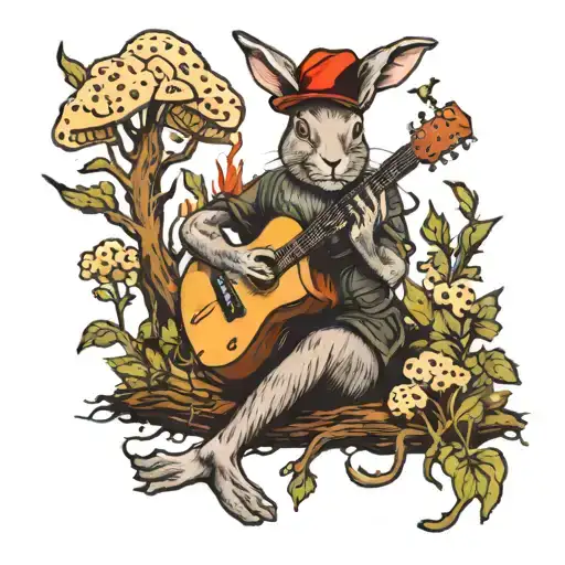 rabbit in the woods vibing to music and playing guitar surrounded by morel mushrooms tattoo design idea