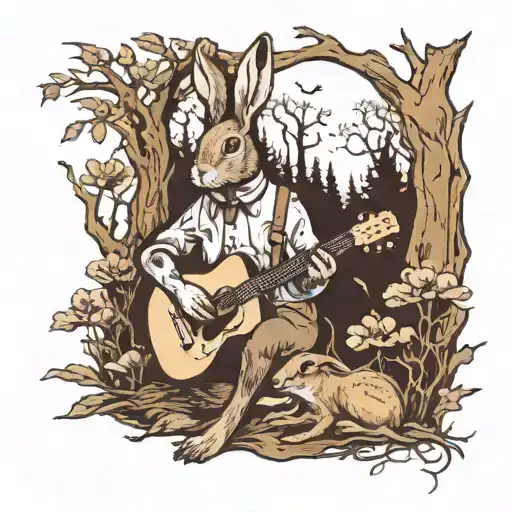 flemish giant rabbit in the woods playing guitar surrounded by morel mushroom  tattoo design idea