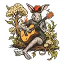 rabbit in the woods vibing to music and playing guitar surrounded by morel mushrooms tattoo design idea