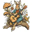 rabbit in the woods vibing to music and playing guitar surrounded by morel mushrooms tattoo design idea