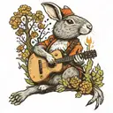 rabbit in the woods vibing to music and playing guitar surrounded by morel mushrooms tattoo design idea