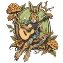 rabbit in the woods vibing to music and playing guitar surrounded by morel mushrooms tattoo design idea