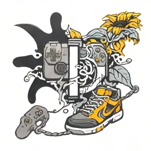 The letters AOJ in a graffiti with a cross and sunflower, a ps4 controller and basketball, and an anchor with a bjj belt tattoo design idea