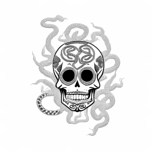 southwestern sugar skull with snakes coming out of its eyes sockets. Will be placed on elbow tattoo design idea