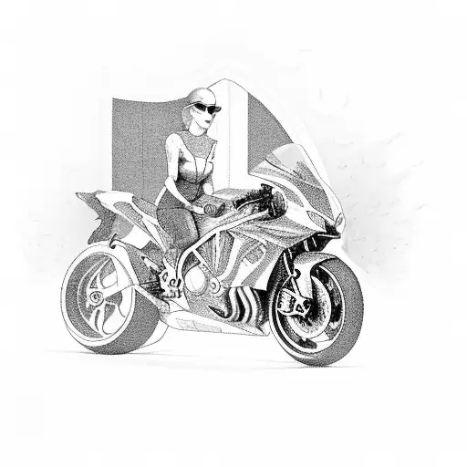 A dynamic composition featuring a motorcycle speeding through a tunnel made of dollar bills, with a woman in the background tattoo design idea